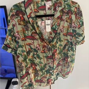 Anthropologie LyreBird Mushroom floral Print PJ Button-Down Shirt Medium